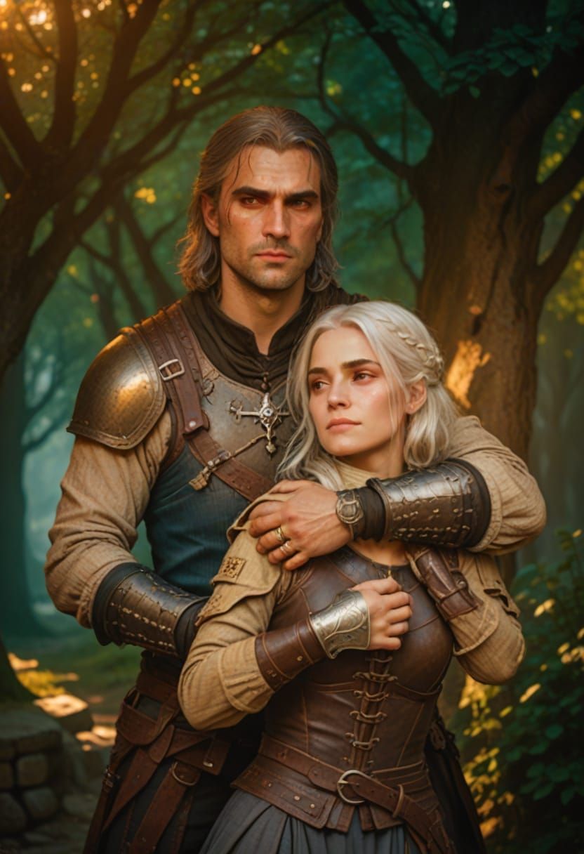 The Witcher Hero Embraces a Woman in a Warm, Golden Hour Set...