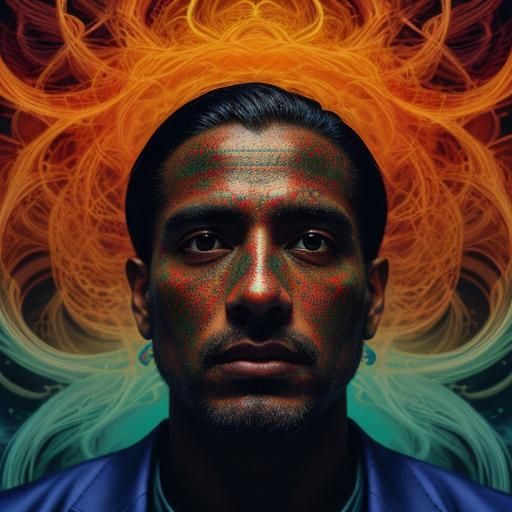 Ethereal Portrait of Elegant Man with Hovering Atoms