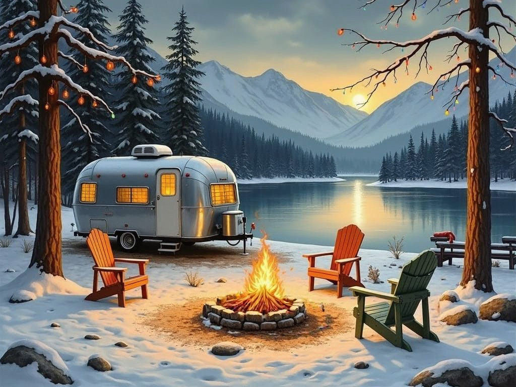 Vintage Christmas Campsite Scene, Snowy Lake at Twilight