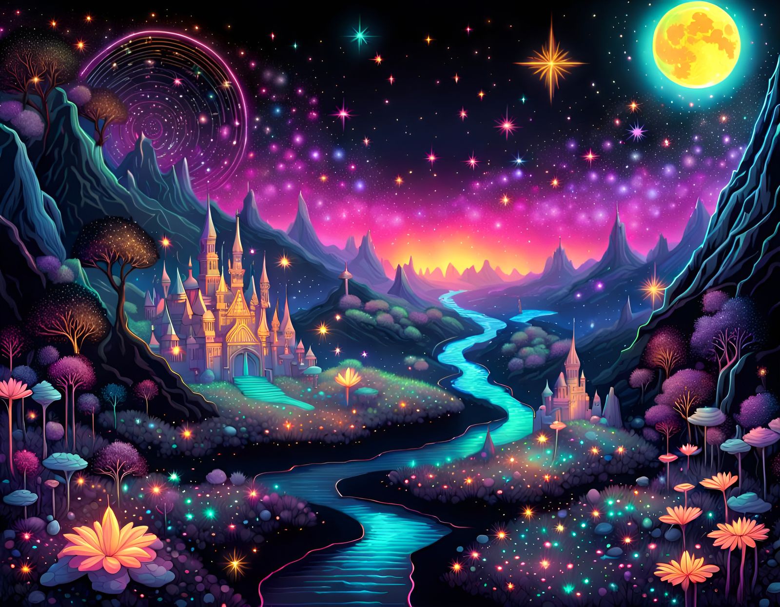 Hyperdetailed Fantasy fairy landscape, hyperdetailed illustrated map, black black night sky, bright brigh stars, sparkle...