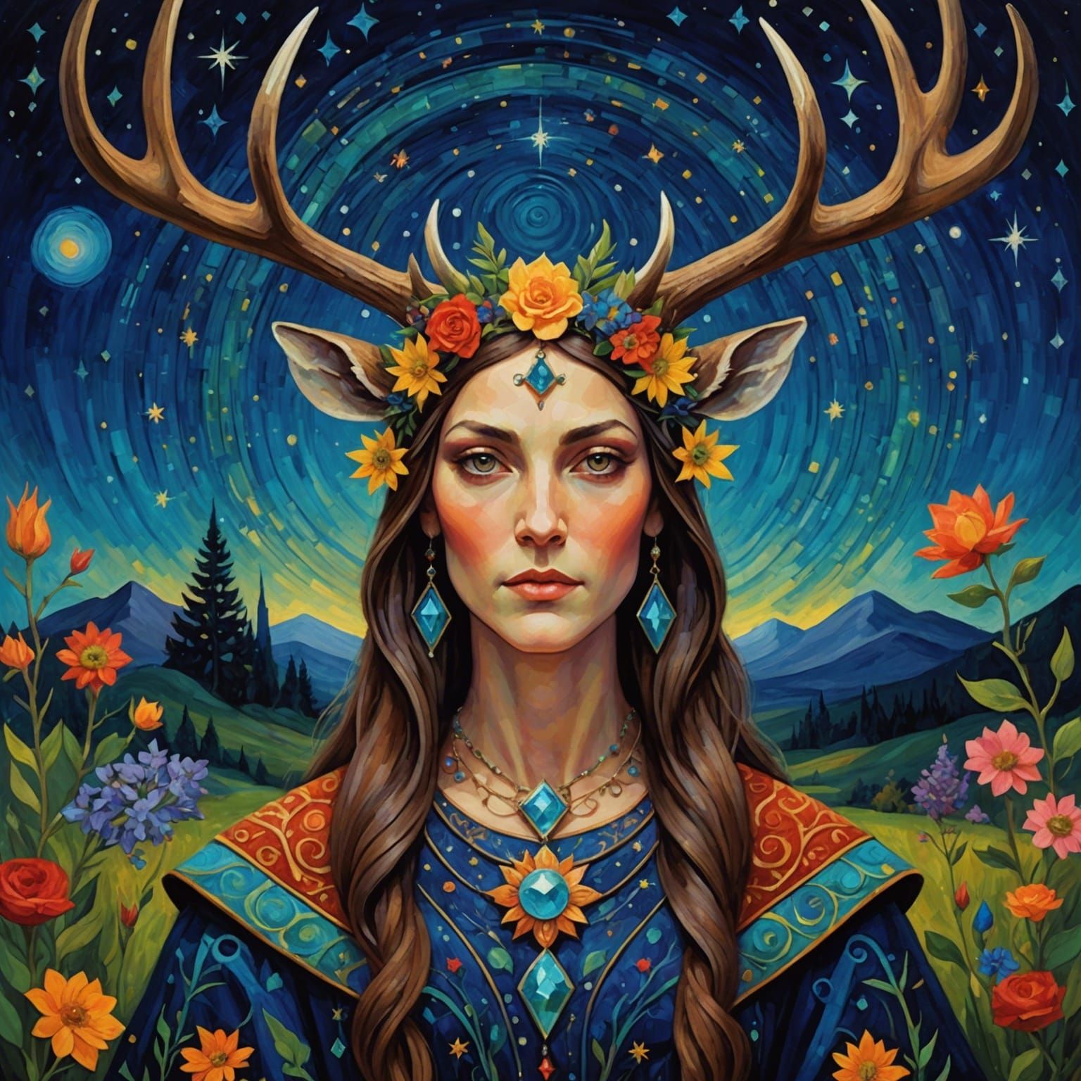 Beautiful Antlered Sorceress in Expressionistic Impasto Styl...