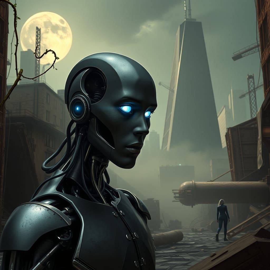 Android in Post-Apocalyptic Cityscape: Film Noir Style