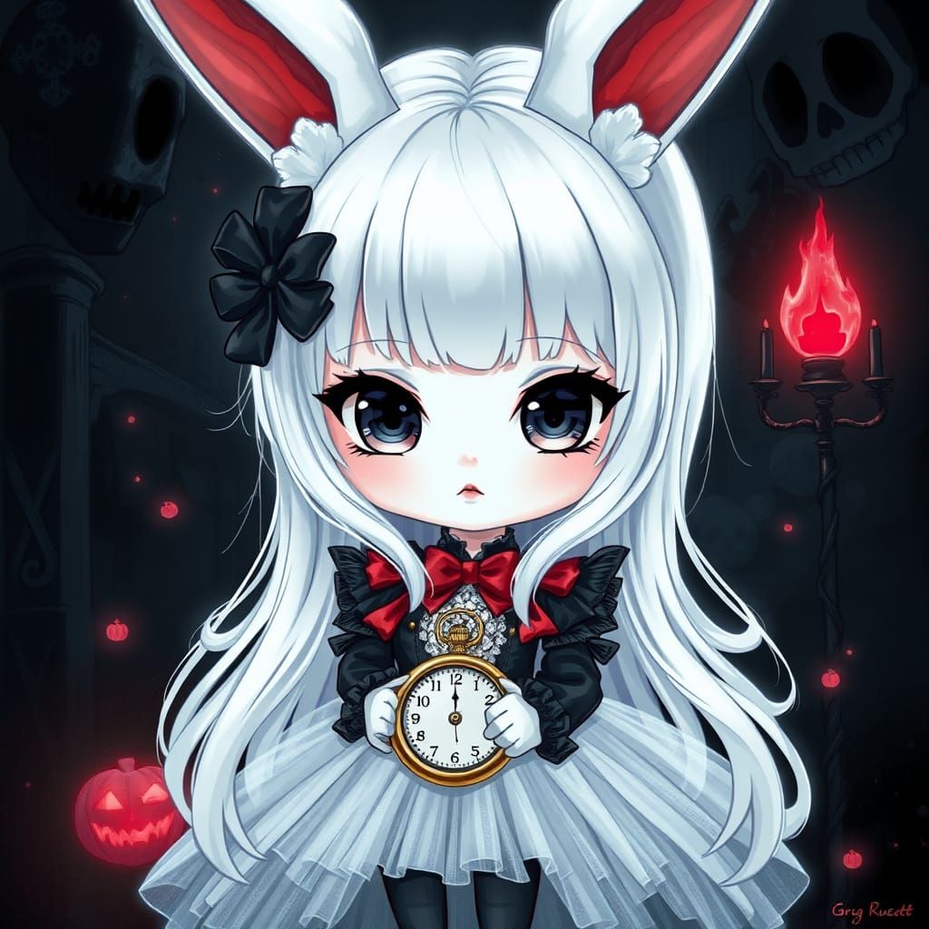 Chibi White Rabbit Girl in Gothic Wonderland