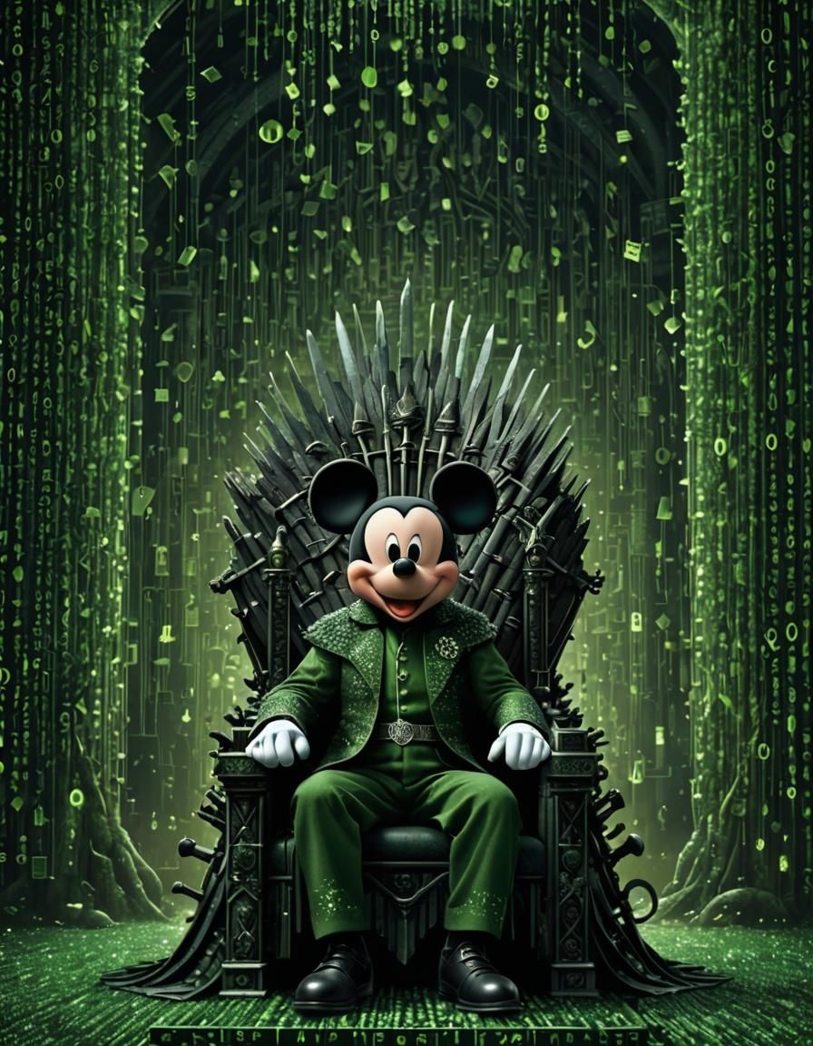 Mickey_Mouse sitting on the iron throne, as king of disney, in a matrix binary code style composed entirely of (small gr...