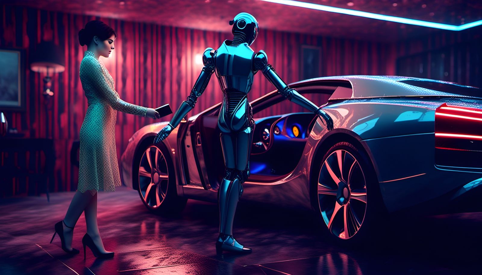 Android Butler Helping Lady into Exotic Car