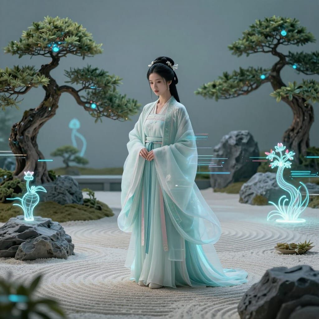 Holographic Hanfu Beauty in Ethereal Zen Garden