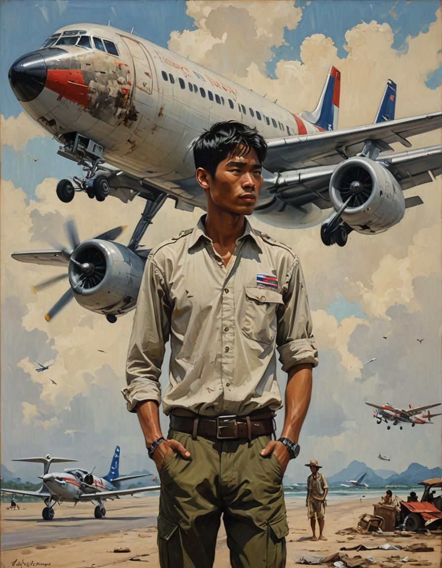 Thai Lovers Embrace Beside Airplane, Oil Painting