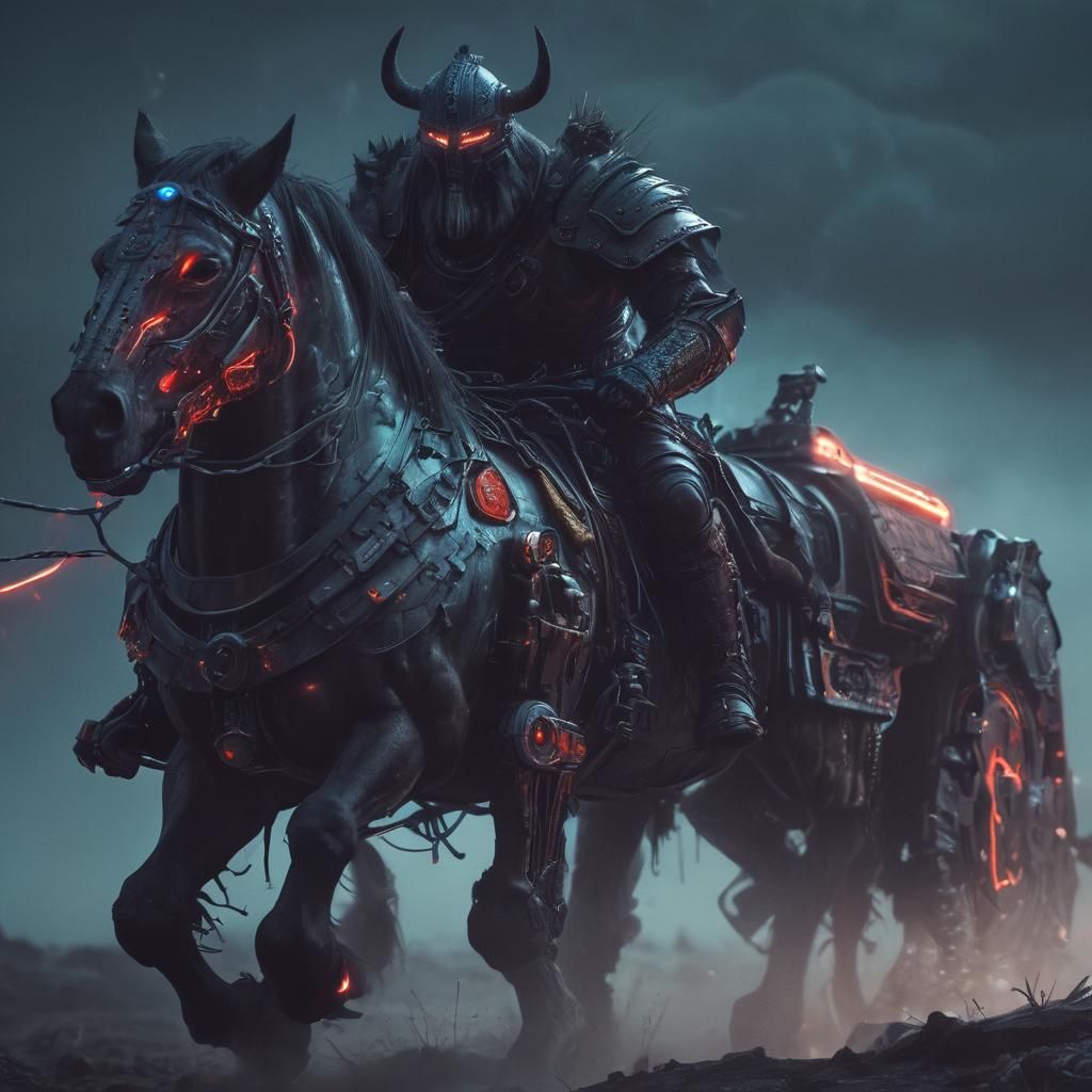 Cyberpunk Viking Berserker on Mechanized War Horse