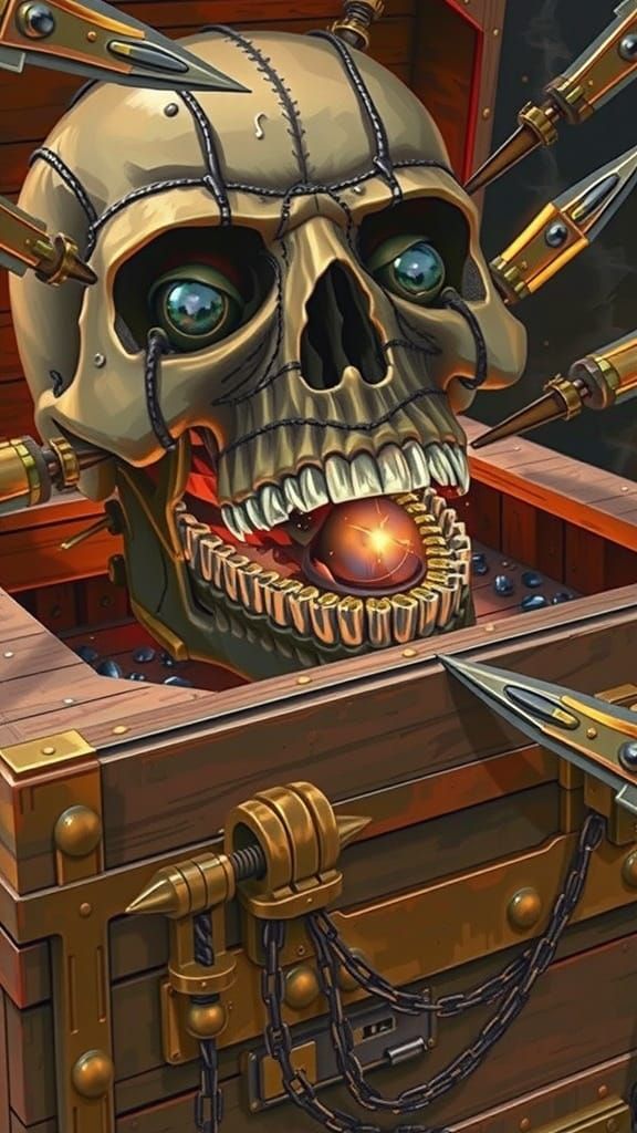 Skull Booby Trap in Treasure Chest, Horror Aesthetic