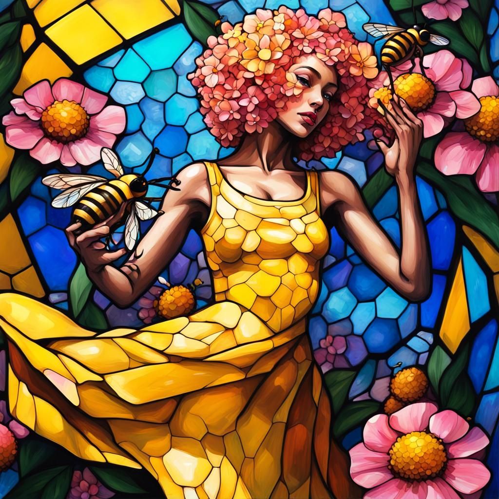 Stained Glass Dancer with Bees and Flowers