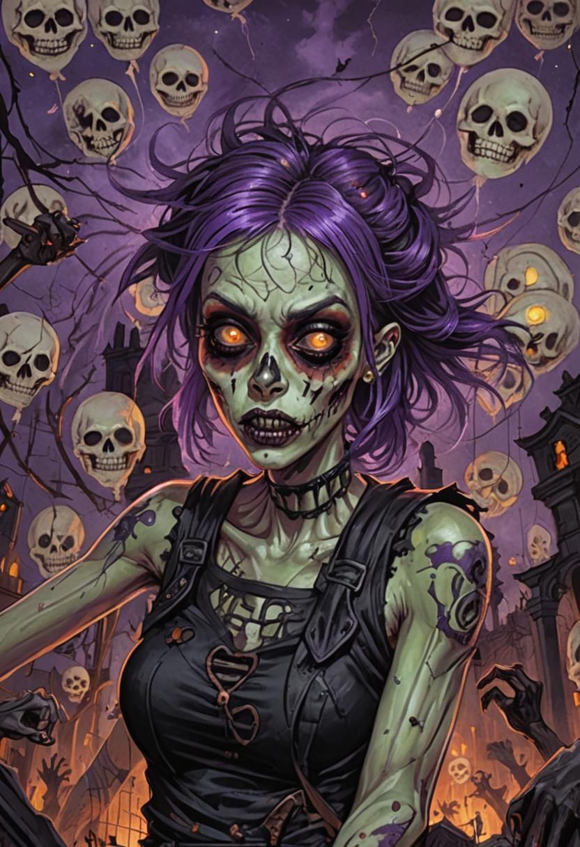 Zombie Girl Dances in Cemetery, Dark Fantasy Digital Art