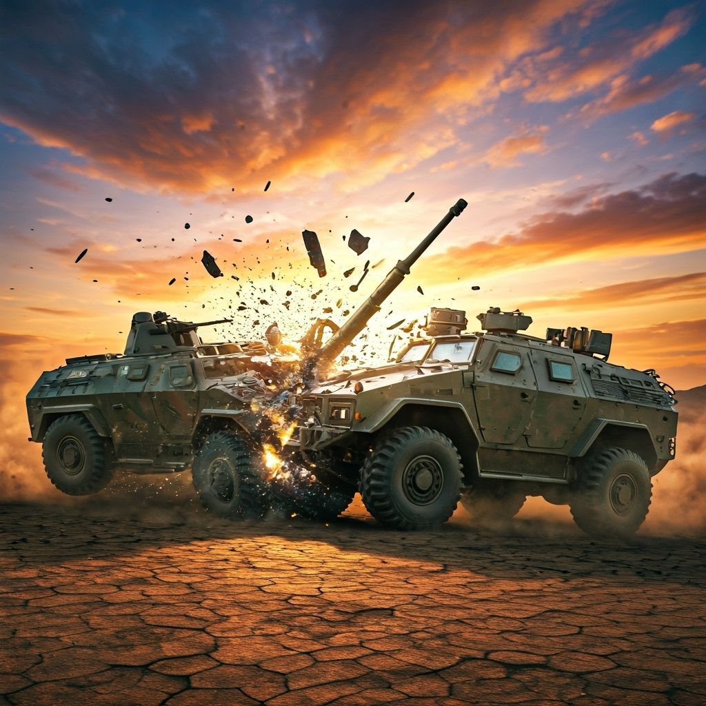 Armored Vehicles Clash in Wasteland Sunset