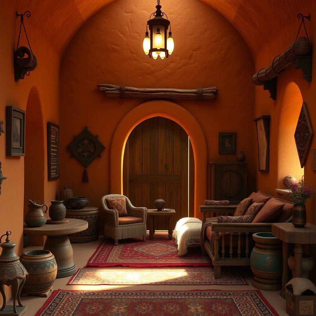 Whimsical Adobe-Style Interior in Earthy Tones