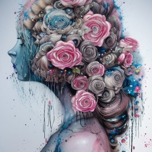 Woman with Roses: Liquid Ink Watercolor Art