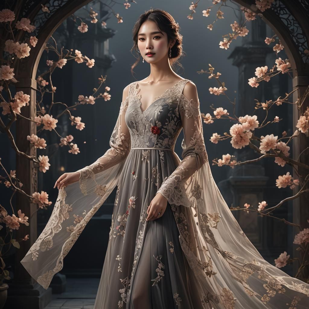 Elegant Korean Woman in Flowing Lace Dress
