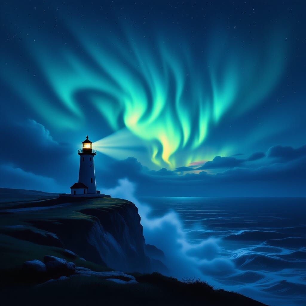 Lighthouse Keeper Gazes at Aurora Borealis Over Turbulent Se...