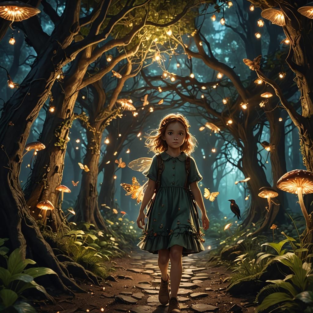 Bird-Headed Girl Enters Bioluminescent Forest Passage
