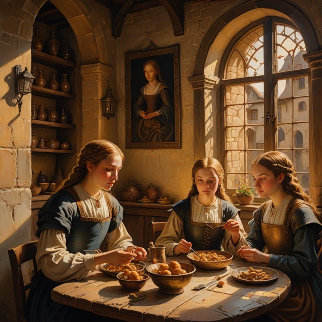 Medieval Girls Eating in Warm Golden Light