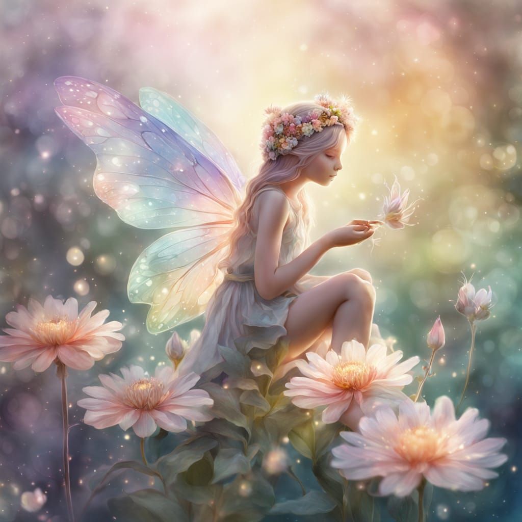 Dreamy Fairy on Flower in Watercolor Style