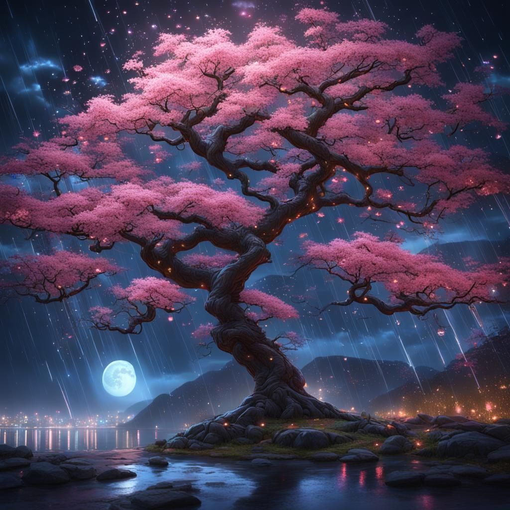 Cherry Blossom Tree in Rain with Lightning