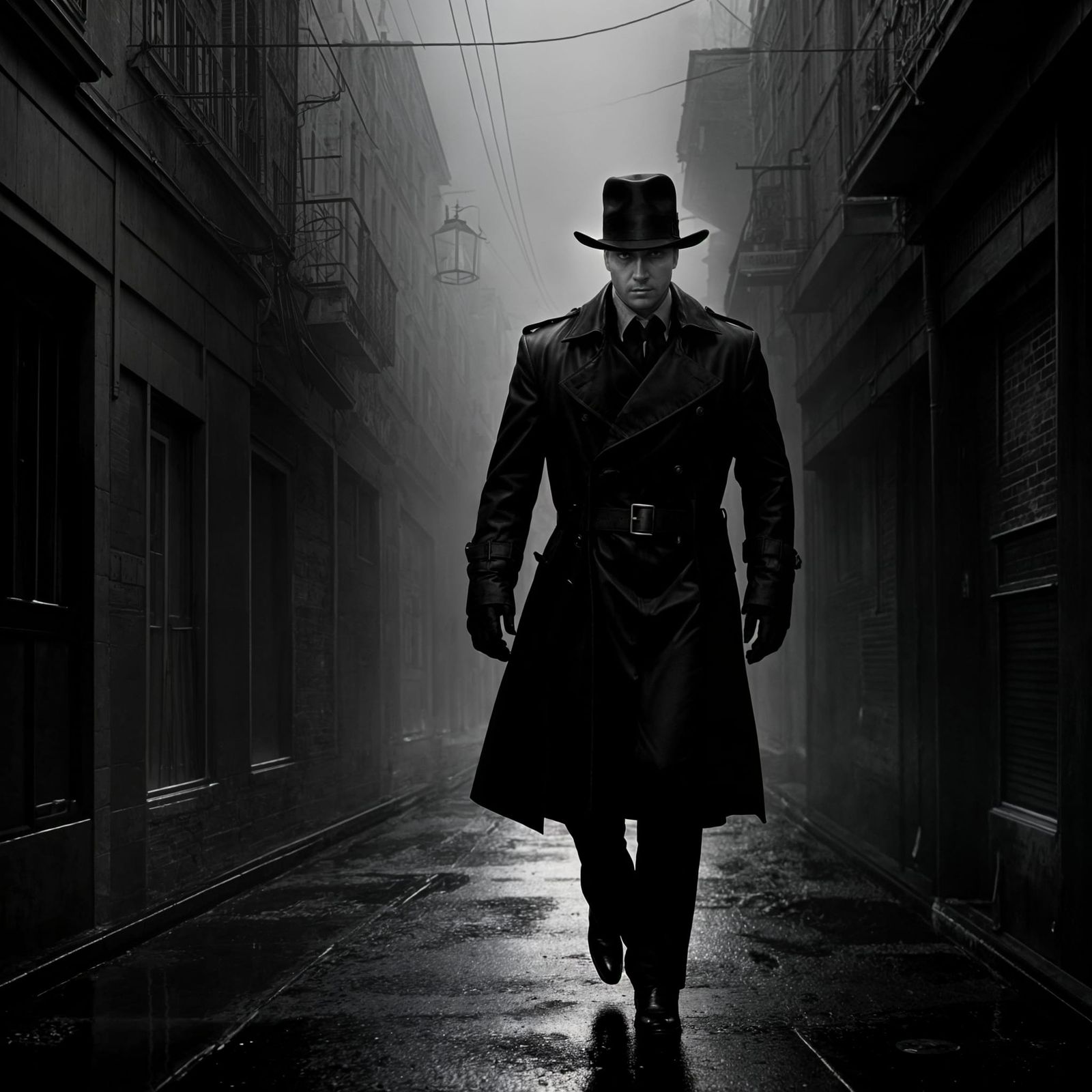 Film Noir Detective in Rainy Alleyway