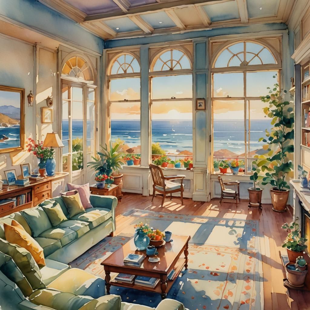 Warm Ocean View Home in Watercolor Style