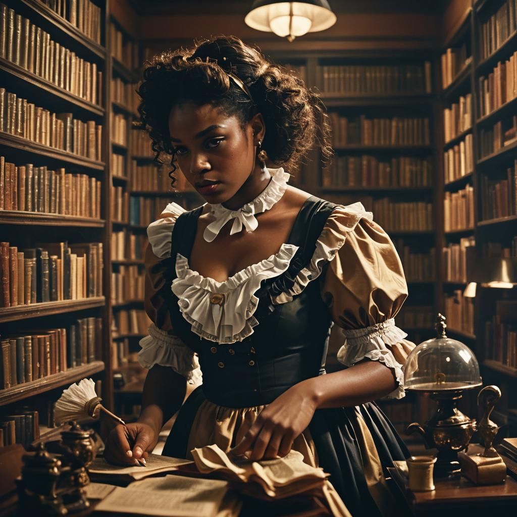 Black Maid Dusting in Opulent Library, Cinematic Still