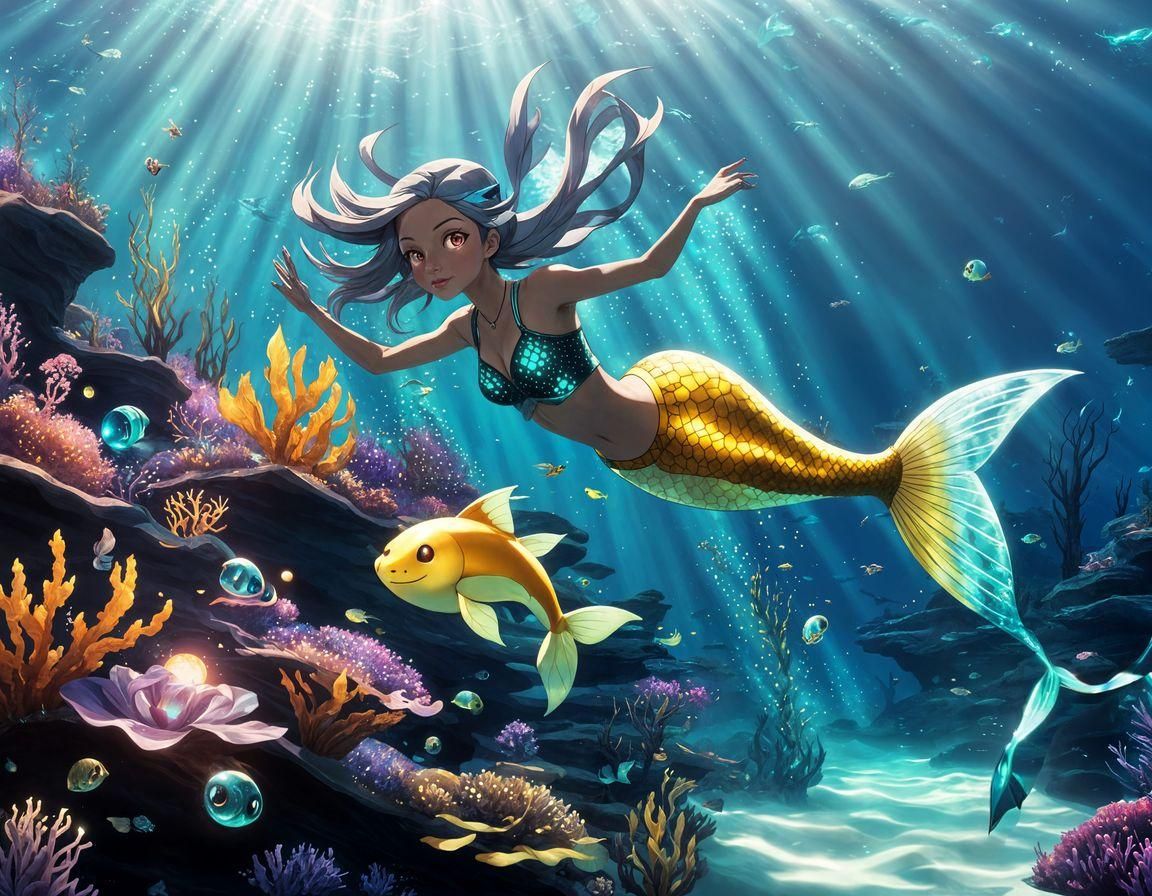 Anime mermaid swimming in the ocean.