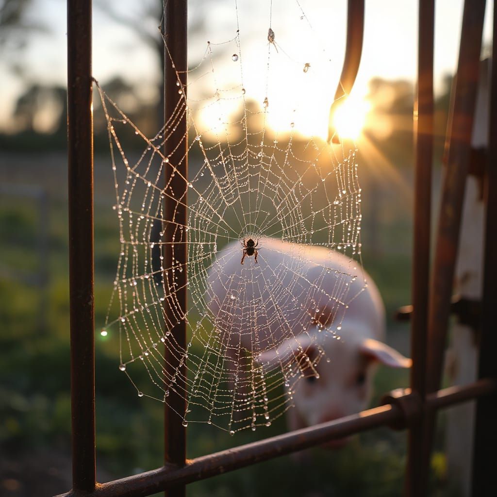 Intricate Spider Web with Dew Drops on Farm Gate
