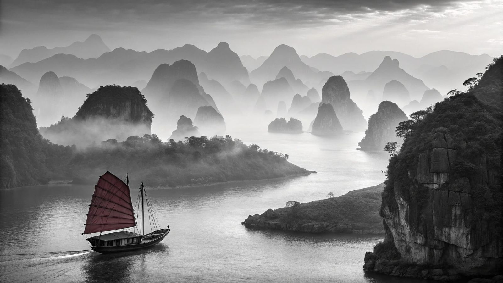 Halong Bay in Misty Morning: Charcoal Drawing