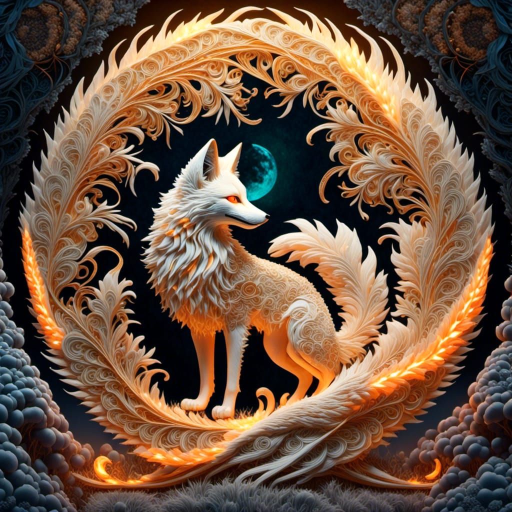 Mythological Nine-Tailed Kitsune in Zentangle Style