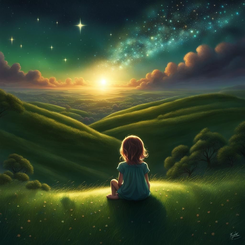 Girl Gazing at Starry Night Sky: Fantasy Concept Art