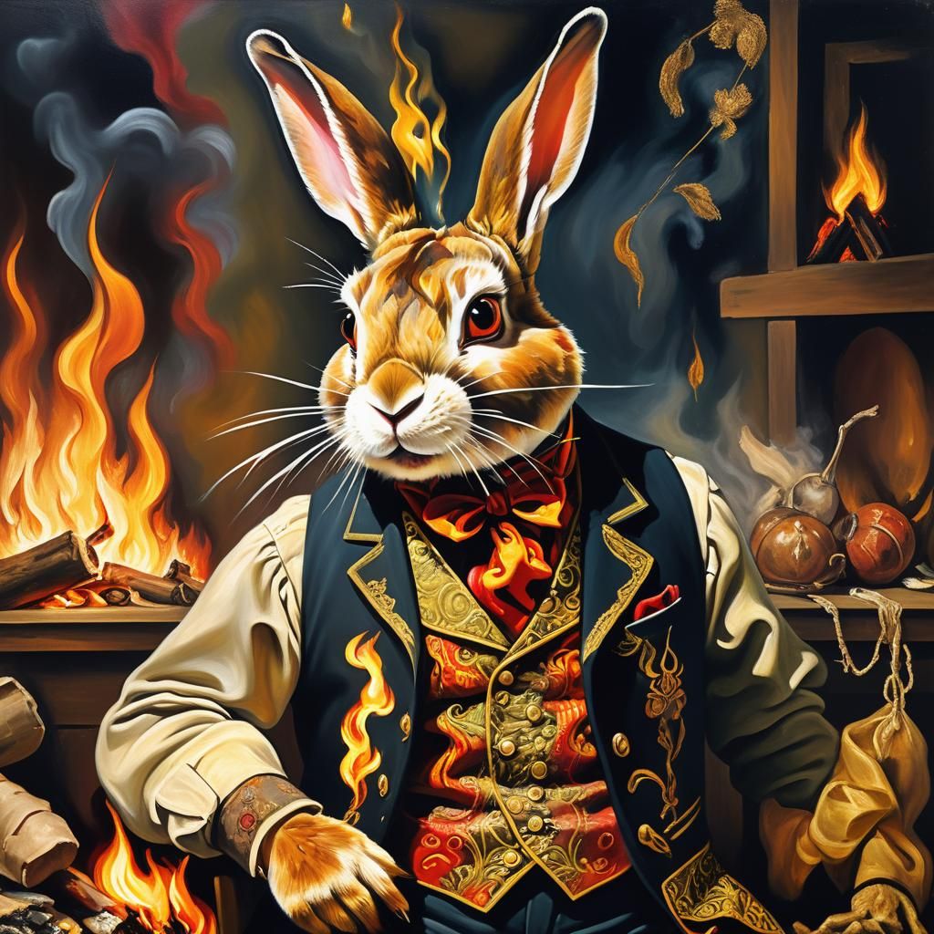 Surreal Rabbit Feast: An Oil Painting in Vivid Colors