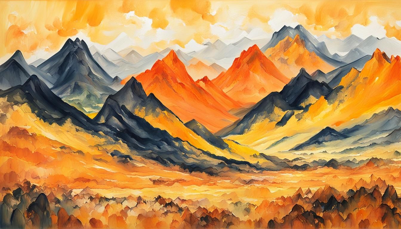 Orange Mountains Behind Yellow Plains: Gouache Impressionism
