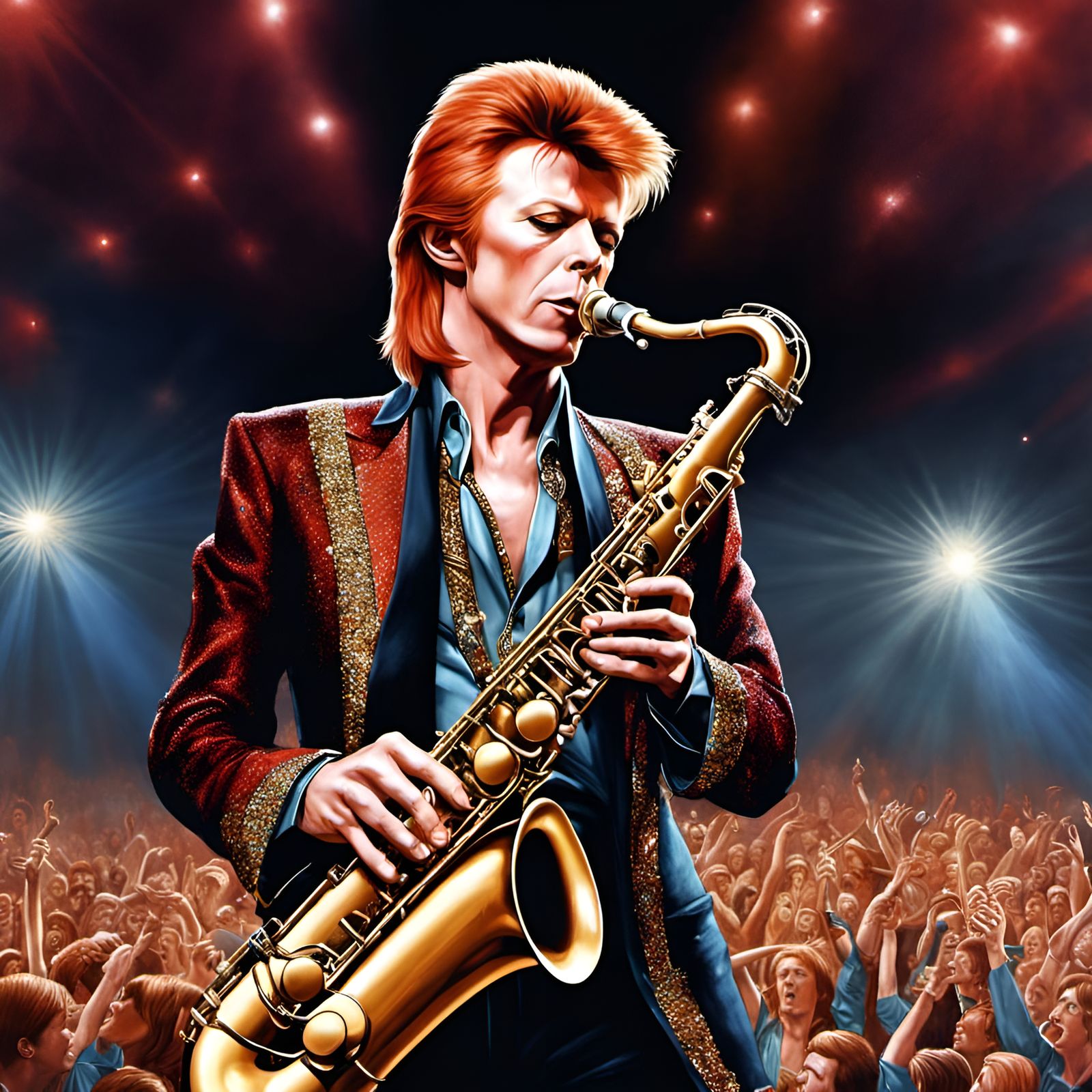 David Bowie Saxophone Illustration in Hyperrealistic Style