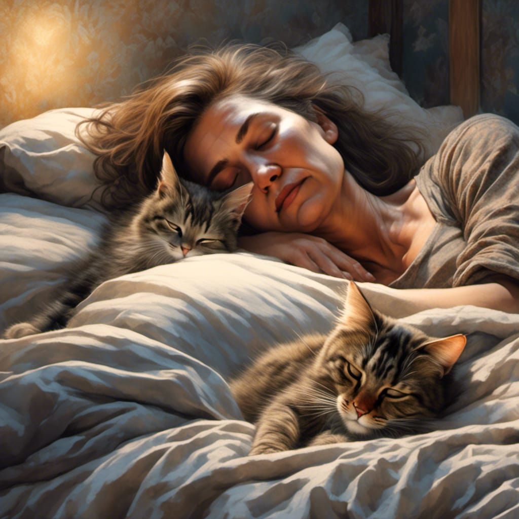 Cozy Scene of Woman and Cat Asleep