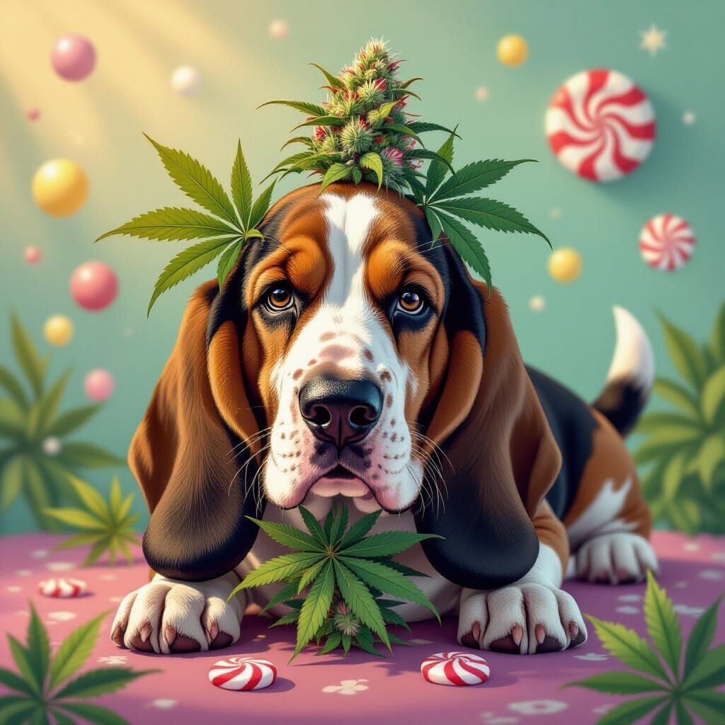 Sleepy Basset Hound in Whimsical Candy Art Style