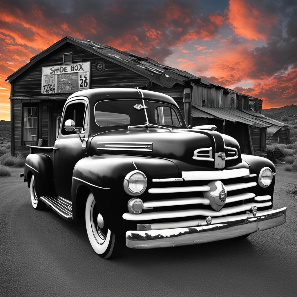 1950s Hot Rod in Ghost Town, Colorful Sunset