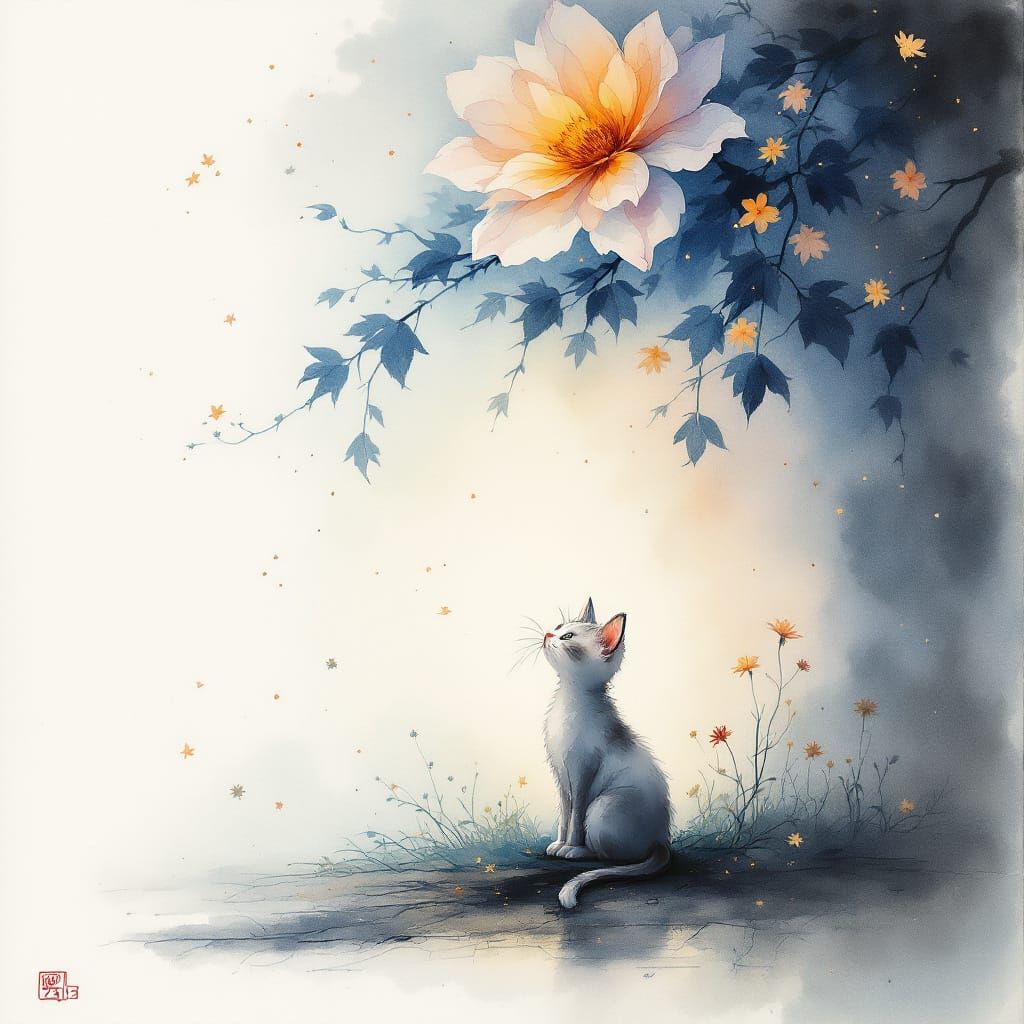Ethereal Cat Bathed in Flickering Light, Watercolor Masterpi...