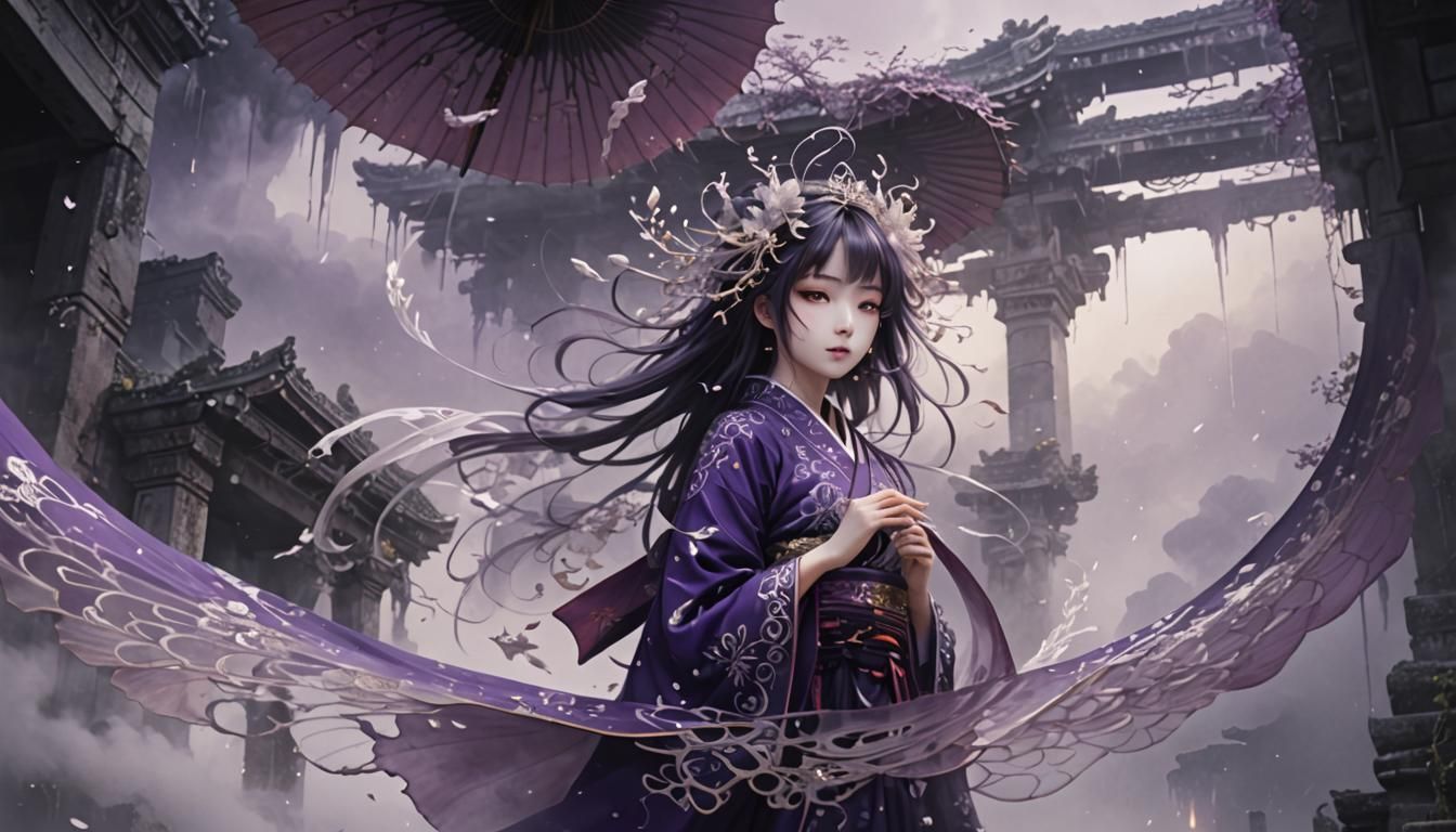 Winged Figure on Ancient Ruins, in Anime Style