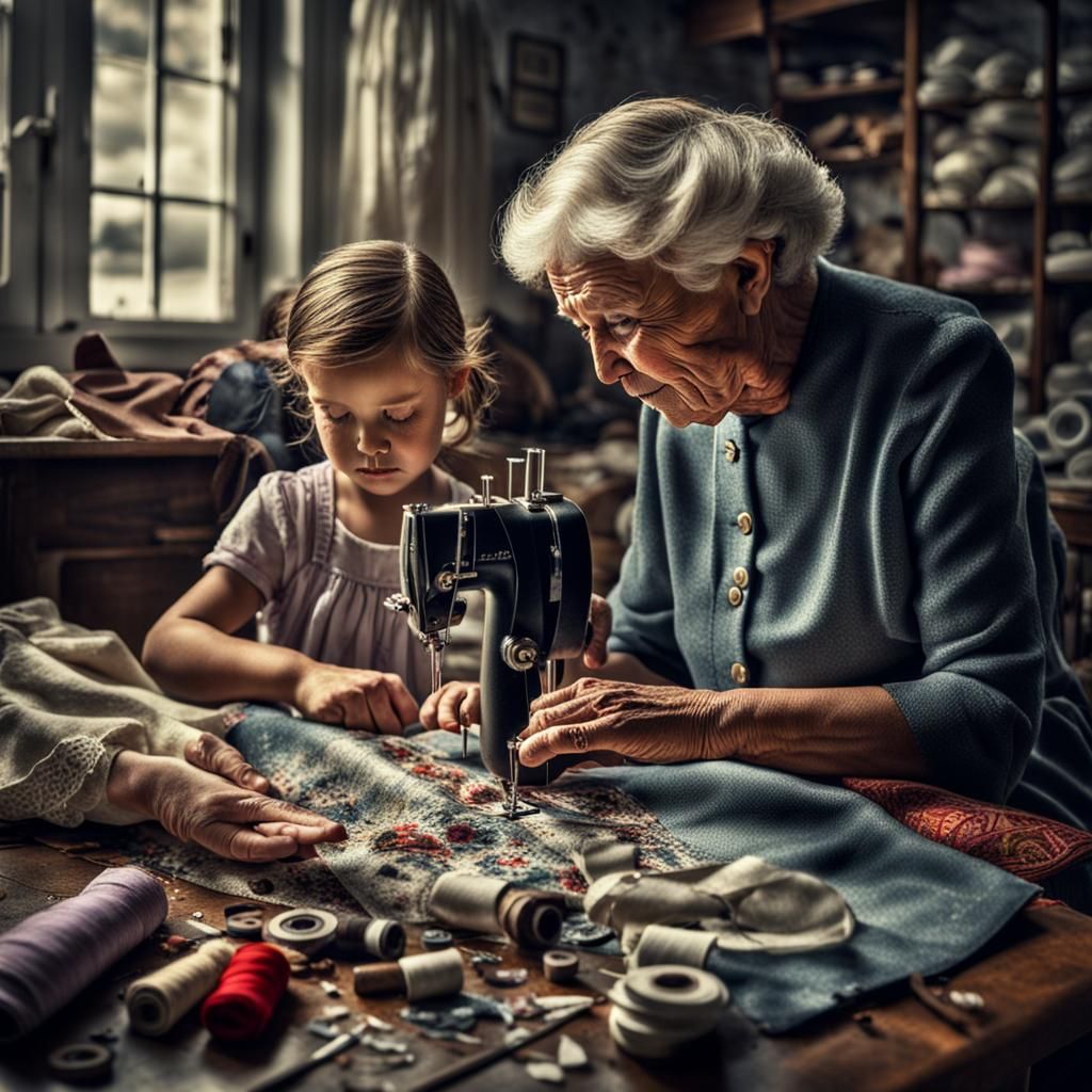 Grandmother Teaching Granddaughter to Sew, Hyperrealistic