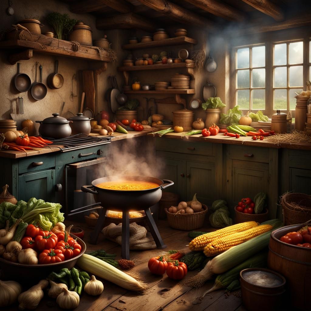 Country Cottage Kitchen with Vegetable Soup