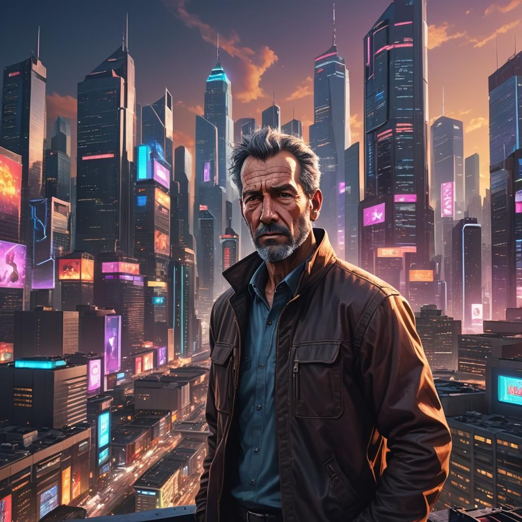 Man in Cyberpunk Cityscape Concept Art