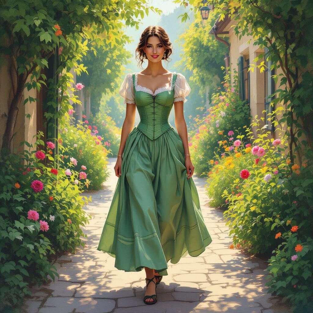 Elegant Woman in Garden, Hyperrealistic Loose Brushstroke St...