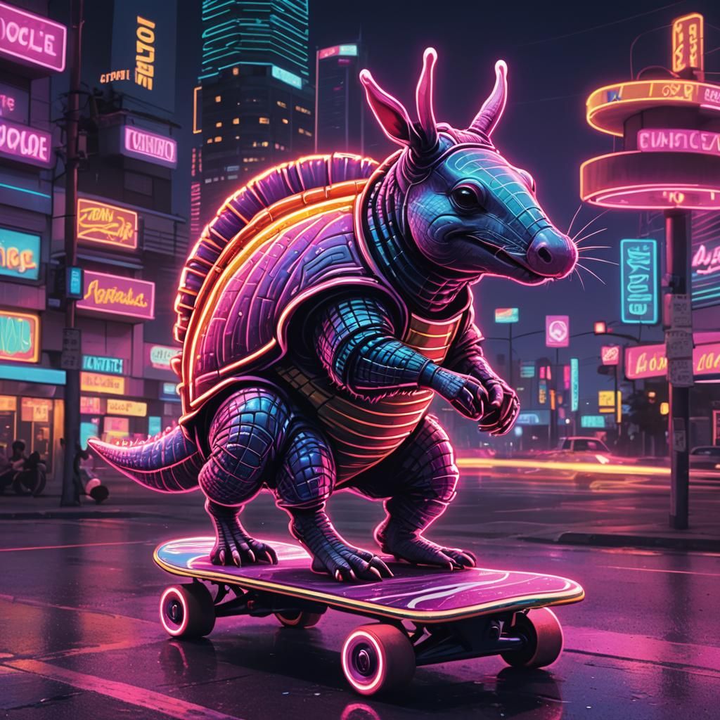 Armadillo Rides Skateboard in Neon Synthwave Art