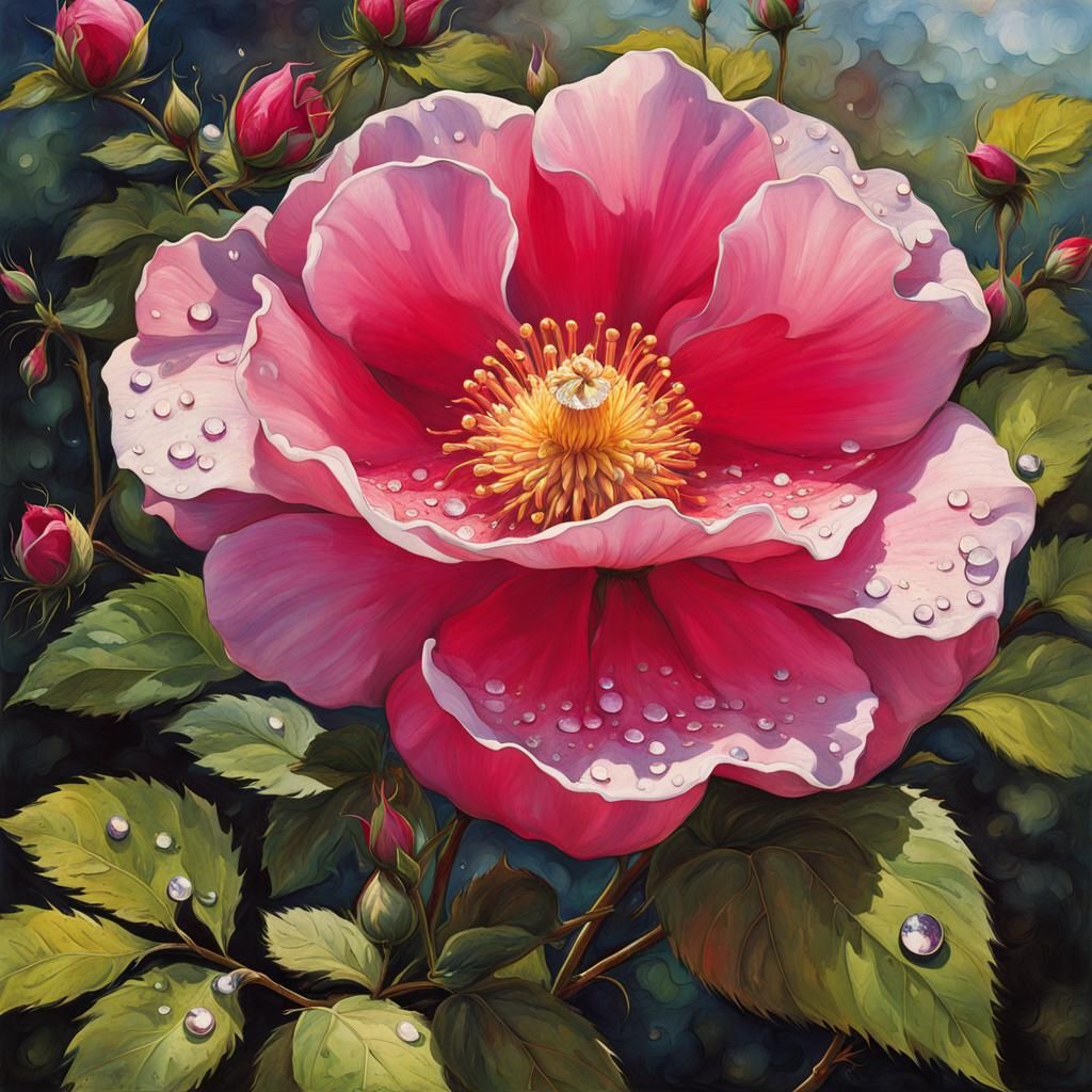 Wild Rose with Dewdrops in Pre-Raphaelite Anime Style