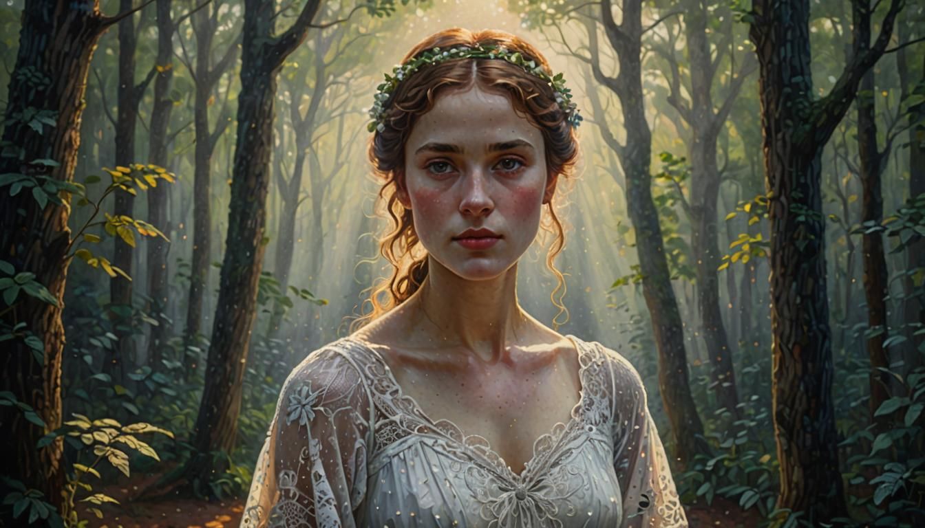 Pointillist Portrait of Woman in Forest