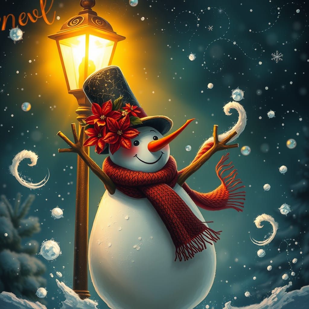 Whimsical Snowman Under Starry Winter Night