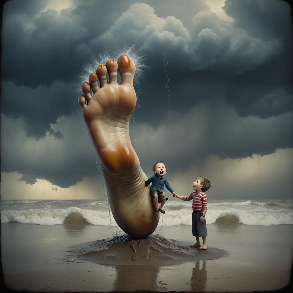 Surreal Tiny Man with Giant Foot in Rainstorm