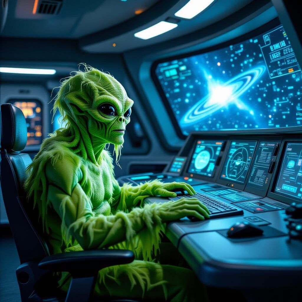 Green Alien Navigating Spaceship at Warp Speed
